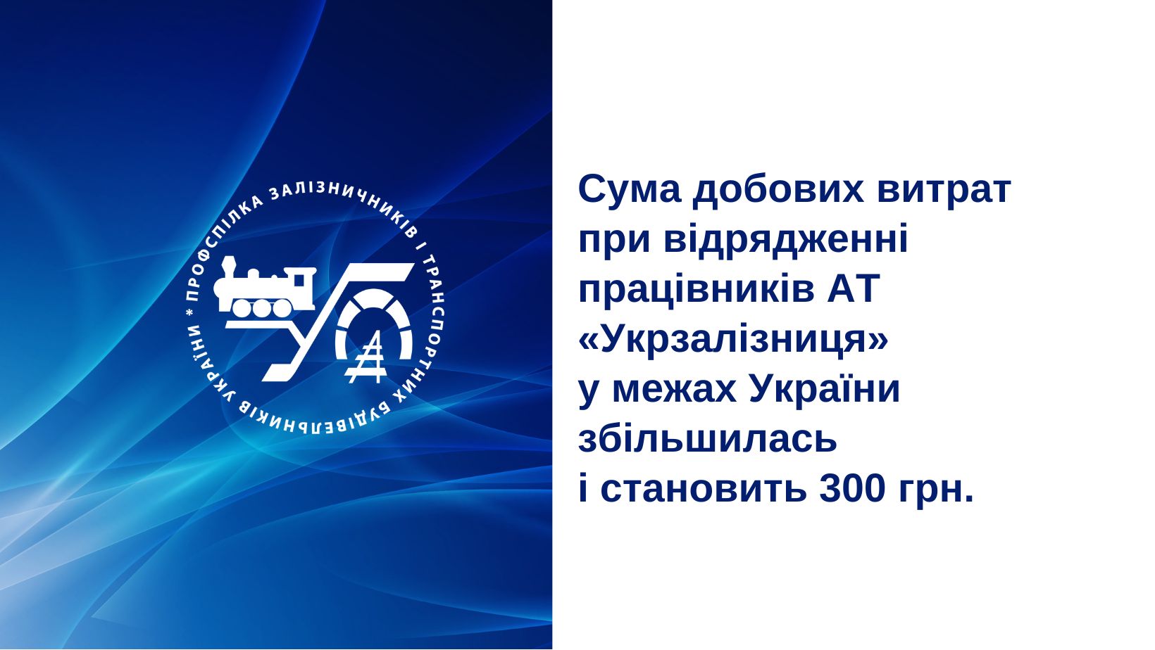 Сума добових витрат при відрядженні працівників АТ «Укрзалізниця» у межах України збільшилась і становить 300 грн.